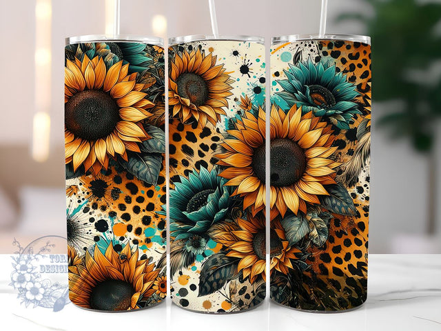 Sunflower Leopard 20oz Skinny Tumbler, Western Sunflowers Tumbler Png, Straight & Tapered Tumbler Wrap, Instant Digital Download Sublimation ToriDesigns 