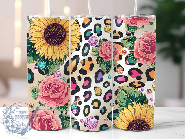 Sunflower Leopard Boho 20oz Tumbler, Leopard Print Tumbler, Glitter Tumbler, Floral Tumbler, Boho Tumbler, 20oz Sublimation Wrap, Western Tumbler Sublimation ToriDesigns 
