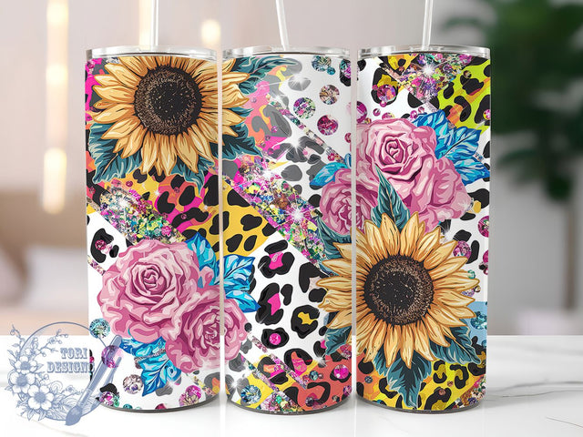 Sunflower Leopard Boho 20oz Tumbler, Leopard Print Tumbler, Glitter Tumbler, Floral Tumbler, Boho Tumbler, 20oz Sublimation Wrap, Western Tumbler Sublimation ToriDesigns 