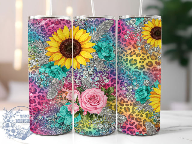 Sunflower Leopard Boho 20oz Tumbler, Leopard Print Tumbler, Glitter Tumbler, Floral Tumbler, Boho Tumbler, 20oz Sublimation Wrap, Western Tumbler Sublimation ToriDesigns 
