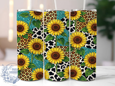 Sunflower Leopard Cowhide 20oz Tumbler, Sunflower Motif, Leopard Print, Cowhide Pattern, Rustic Charm, Western Style, 20oz Wrap, Sublimation Tumbler Sublimation ToriDesigns 