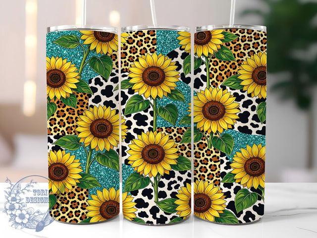 Sunflower Leopard Cowhide 20oz Tumbler, Sunflower Motif, Leopard Print, Cowhide Pattern, Rustic Charm, Western Style, 20oz Wrap, Sublimation Tumbler Sublimation ToriDesigns 
