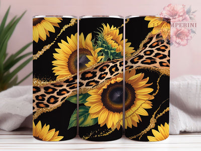 Sunflower Leopard Glitter 20oz Tumbler, Leopard Print, Glitter Effect, Bold Composition, Black Background, Skinny Tumbler, Sublimation PNG Sublimation Li Zamperini 