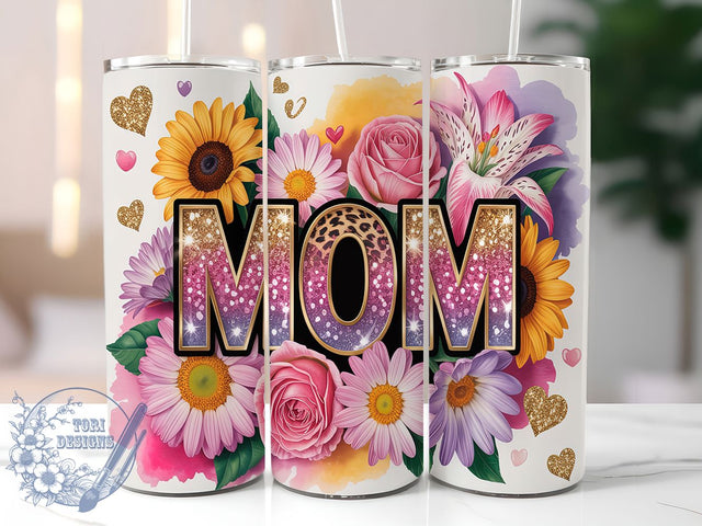 Sunflower Leopard Glitter Mom Tumbler, Leopard Print Wrap, Glitter Mom Design, 20oz Sublimation PNG, Floral Leopard Tumbler, Sparkle Mom Tumbler, Wild Mom Cup Design Sublimation ToriDesigns 