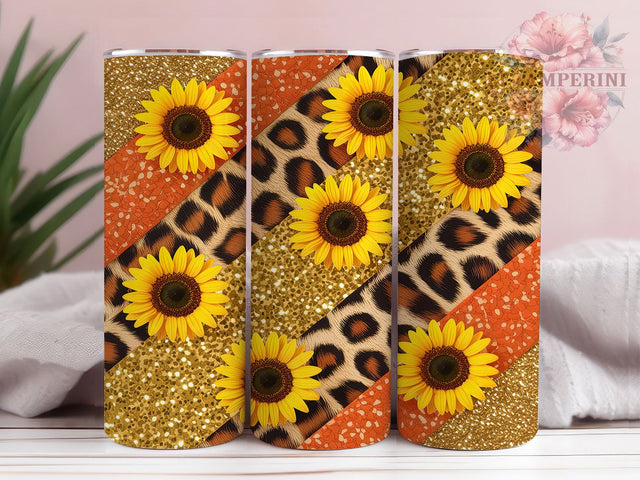 Sunflower Leopard Glitter Tumbler, Glitter Floral Design, Gold Animal Print, Country Chic Tumbler, Floral Pattern Design, Mixed Print Art, Southern Style Gift Sublimation Li Zamperini 