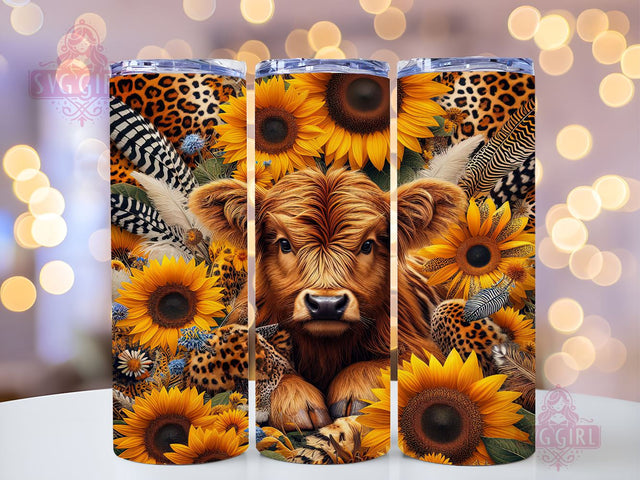 Sunflower Leopard Highland Cow 20oz Tumbler Wrap Sublimation Design, Straight Tapered Tumbler Wrap, Highland Cow Tumbler Png, Instant Digital Download Sublimation SvggirlplusArt 