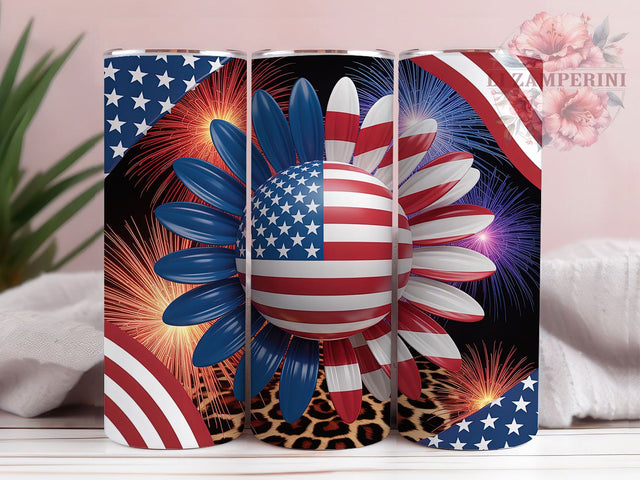 Sunflower Leopard Patriotic 20oz Tumbler, USA Flag Wrap, Sublimation Gift, Patriotic Mug, 20oz Tumbler Design, Sunflower Leopard Print, American Pride Theme Sublimation Li Zamperini 