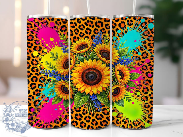 Sunflower Leopard Splatter 20oz Tumbler, Sunflower Motif, Leopard Print, Splatter Design, Rustic Charm, Bold Aesthetic, 20oz Wrap, Sublimation Tumbler Sublimation ToriDesigns 