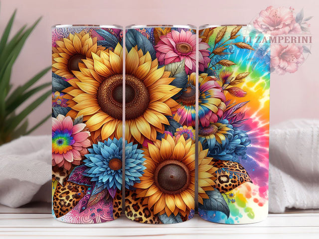 Sunflower Leopard Tie Dye 20oz Boho Tumbler Wrap, Wildflower Animal Print Tumbler, Boho Leopard 20oz Wrap, Vibrant Floral Sublimation, Seamless Sunflower Design Sublimation Li Zamperini 