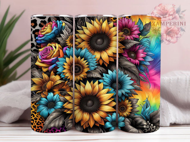 Sunflower Leopard Tie Dye 20oz Boho Tumbler Wrap, Wildflower Animal Print Tumbler, Boho Leopard 20oz Wrap, Vibrant Floral Sublimation, Seamless Sunflower Design Sublimation Li Zamperini 