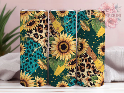 Sunflower Leopard Western Tumbler, Leopard Print Wrap, Cowhide Texture Design, Rustic Western Chic, Seamless Nature Motif, Bold Animal Print Style, Country Farmhouse Aesthetic, 20Oz Tumbler, Sublimatio Sublimation Li Zamperini 