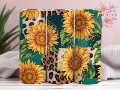 Sunflower Leopard Western Tumbler, Leopard Print Wrap, Cowhide Texture Design, Rustic Western Chic, Seamless Nature Motif, Bold Animal Print Style, Country Farmhouse Aesthetic, 20Oz Tumbler, Sublimatio Sublimation Li Zamperini 