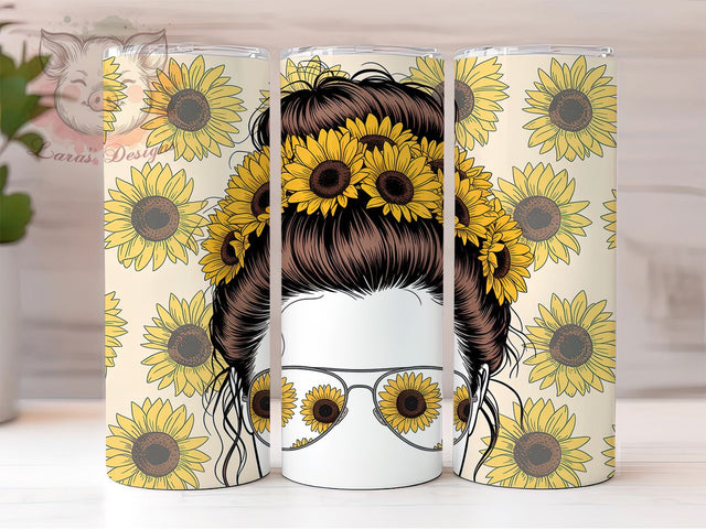 Sunflower Messy Bun Tumbler, Messy Bun, Floral Design, Sublimation Art, 20oz Tumbler, Bold Pattern, Stylish Theme Sublimation Lara' s Designs 