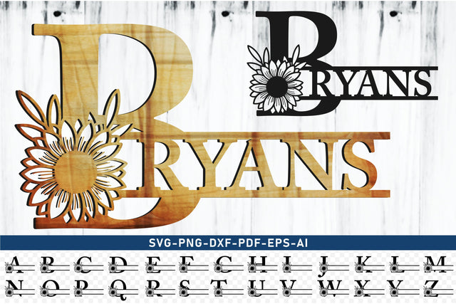 Sunflower Monogram Split Alphabet Monogram Letters Set A-Z SVG Designs Bundle, Floral Font SVG Laser Cut Files, Family Name Signs Flower Monogram Letter SVG, PNG, For Cricut SVG D2PUTRI Designs 