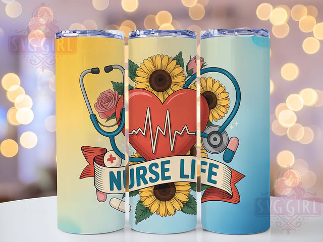 Sunflower Nurse Life Tumbler, Sunflower Heartbeat, Colorful Wrap, Sublimation Art, 20oz Tumbler, Medical Theme, Floral Design Sublimation SvggirlplusArt 
