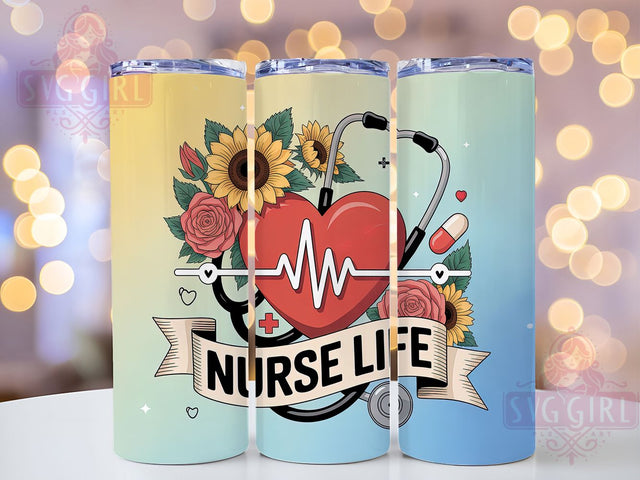 Sunflower Nurse Life Tumbler, Sunflower Heartbeat, Colorful Wrap, Sublimation Art, 20oz Tumbler, Medical Theme, Floral Design Sublimation SvggirlplusArt 