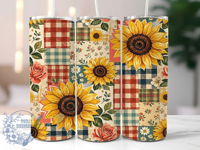 Sunflower Patchwork 20oz Tumbler, Patchwork Sunflower, Rustic Style, Floral Theme, Sublimation Wrap, 20oz Tumbler, Cozy Aesthetic, Vintage Design Sublimation ToriDesigns 