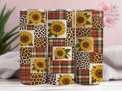 Sunflower Patchwork 20oz Tumbler, Sunflower Design, Patchwork Pattern, Floral Theme, Rustic Charm, Whimsical Style, 20oz Wrap, Sublimation Tumbler Sublimation Li Zamperini 