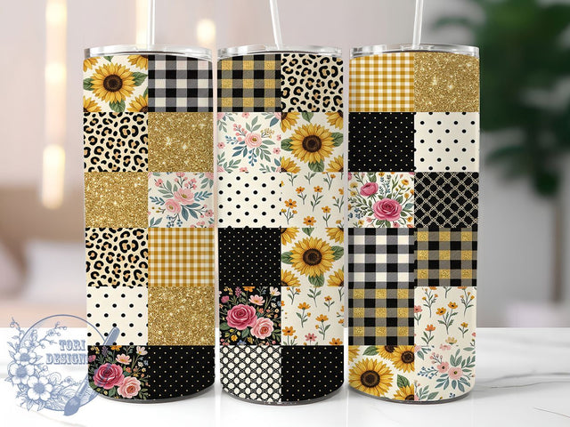 Sunflower Patchwork Quilt 20oz Tumbler, Sunflower Patchwork, Patchwork Quilt, Sunflower Tumbler, 20oz Tumbler, Quilt Tumbler, Floral Tumbler, Tumbler Wrap Sublimation ToriDesigns 