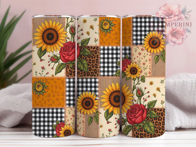 Sunflower Patchwork Rustic Floral 20oz Tumbler, Golden Yellow Sunflowers, Brown Centers, Patchwork Pattern, Rustic Floral, 20oz Tumbler Wrap, Sublimation PNG Sublimation Li Zamperini 