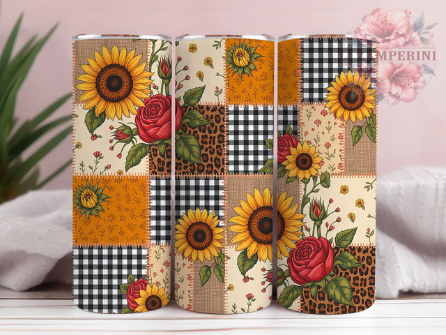 Sunflower Patchwork Rustic Floral 20oz Tumbler, Golden Yellow Sunflowers, Brown Centers, Patchwork Pattern, Rustic Floral, 20oz Tumbler Wrap, Sublimation PNG Sublimation Li Zamperini 
