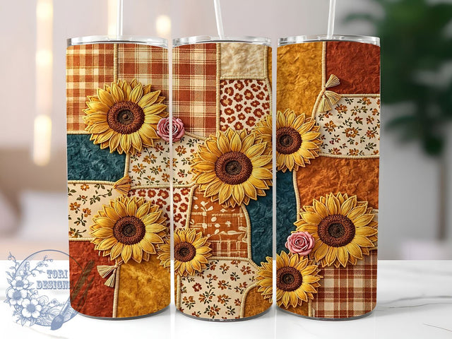 Sunflower Patchwork Rustic Glow 20oz Tumbler, Sunflower Motif, Patchwork Pattern, Rustic Charm, Farmhouse Style, Glow Effect, Skinny Tumbler, Sublimation PNG Sublimation ToriDesigns 
