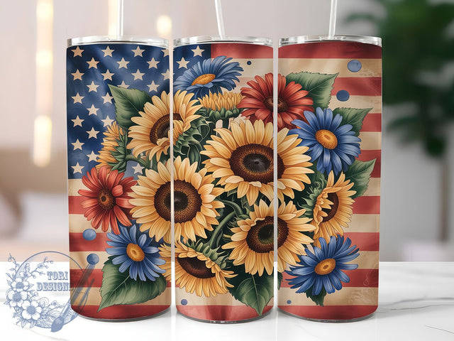 Sunflower Patriotic 20oz Tumbler, Patriotic Tumbler Wrap, American Flag Tumbler, 20oz Tumbler Wrap, Fourth of July Tumbler, Red White Blue Tumbler, Sublimation Flag Tumbler Sublimation ToriDesigns 