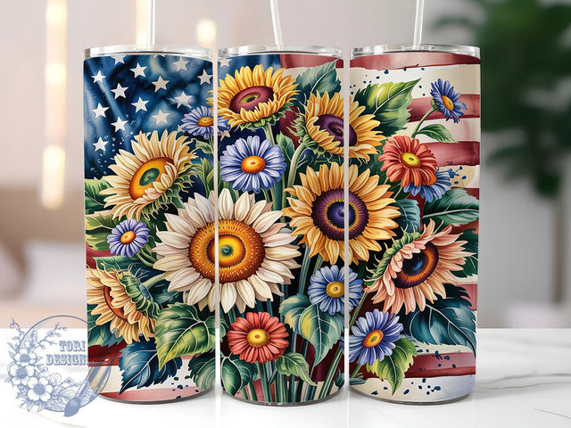 Sunflower Patriotic 20oz Tumbler, Patriotic Tumbler Wrap, American Flag Tumbler, 20oz Tumbler Wrap, Fourth of July Tumbler, Red White Blue Tumbler, Sublimation Flag Tumbler Sublimation ToriDesigns 