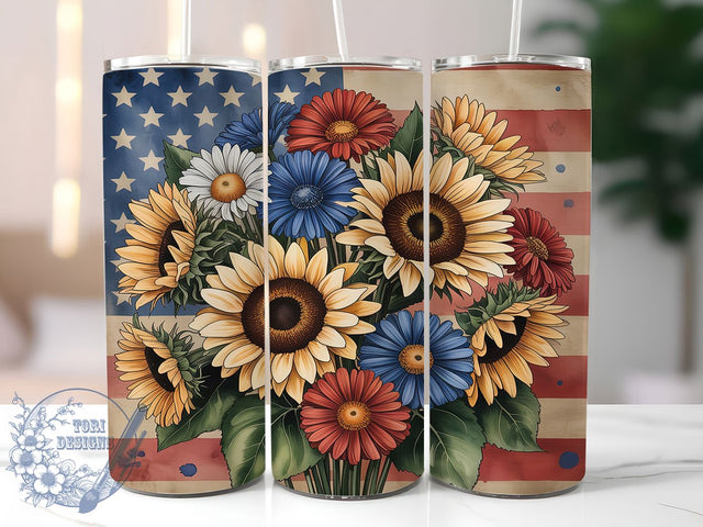 Sunflower Patriotic 20oz Tumbler, Patriotic Tumbler Wrap, American Flag Tumbler, 20oz Tumbler Wrap, Fourth of July Tumbler, Red White Blue Tumbler, Sublimation Flag Tumbler Sublimation ToriDesigns 