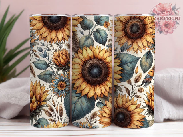 Sunflower Pattern 20 oz Skinny Tumbler, Sunflower Seamless Pattern, Instant Digital Download PNG, Straight & Tapered Tumbler Wrap PNG Sublimation Li Zamperini 