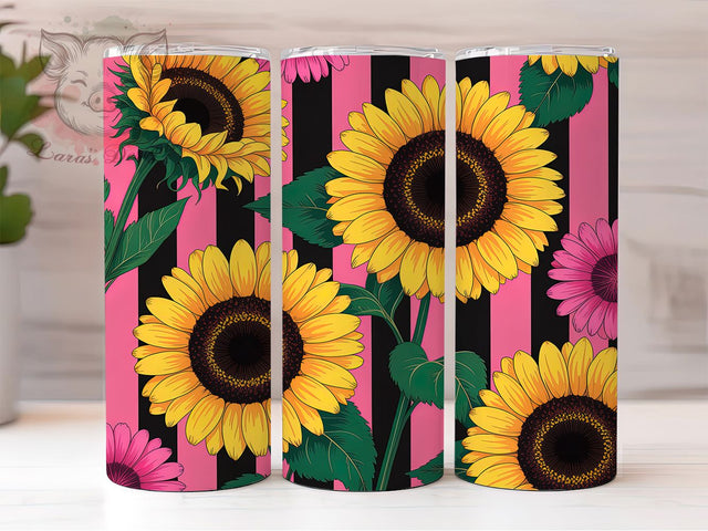 Sunflower Pink Stripe Summer Floral Tumbler, Pink Stripe Wrap, Bright Summer Flowers, 20Oz Tumbler Sublimation, Cute Floral Drinkware, Sunny Day Cup, Garden Bloom Mug Sublimation Lara' s Designs 