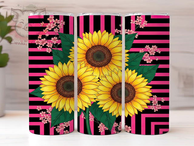 Sunflower Pink Stripe Summer Floral Tumbler, Pink Stripe Wrap, Bright Summer Flowers, 20Oz Tumbler Sublimation, Cute Floral Drinkware, Sunny Day Cup, Garden Bloom Mug Sublimation Lara' s Designs 