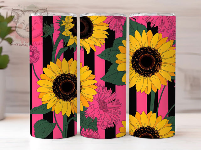 Sunflower Pink Stripe Summer Floral Tumbler, Pink Stripe Wrap, Bright Summer Flowers, 20Oz Tumbler Sublimation, Cute Floral Drinkware, Sunny Day Cup, Garden Bloom Mug Sublimation Lara' s Designs 