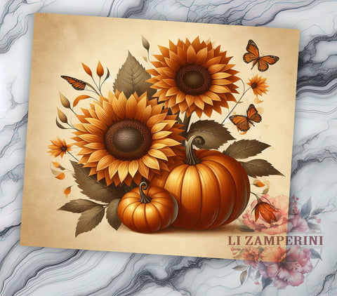Sunflower Pumpkin 20oz Tumbler Wrap PNG, Floral Autumn Tumbler Png, Straight & Tapered Tumbler Wrap, Instant Digital Download Sublimation Li Zamperini 