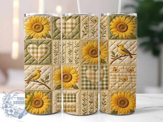 Sunflower Quilt Patchwork 20oz Tumbler, Sunflower Design, Quilt Patchwork, Rustic Charm, Country Style, Whimsical Aesthetic, 20oz Wrap, Sublimation Tumbler Sublimation ToriDesigns 