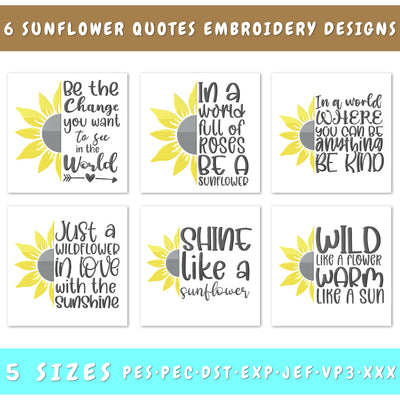 Sunflower Quotes Embroidery Designs Bundle - 6 Designs, Wild Like A Flower Warm Like A Sun, Shine Like A Sunflower Embroidery Embroidery/Applique DESIGNS HappyDesignStudio 
