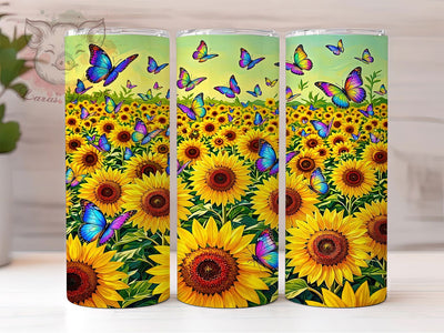 Sunflower Rainbow Butterflies 20oz Tumbler, Sunflower Motif, Rainbow Theme, Butterflies Pattern, Whimsical Style, Colorful Design, Skinny Tumbler, Sublimation PNG Sublimation Lara' s Designs 