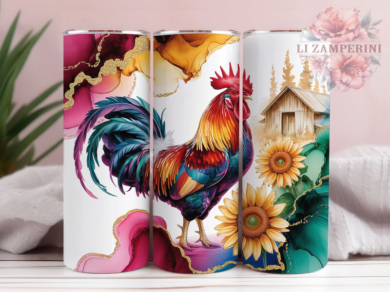 Sunflower Rooster Farm Tumbler, Sunflower Design, Farm Theme, Rustic Style, Vibrant Pattern, 20Oz Tumbler, Sublimation Wrap Sublimation Li Zamperini 