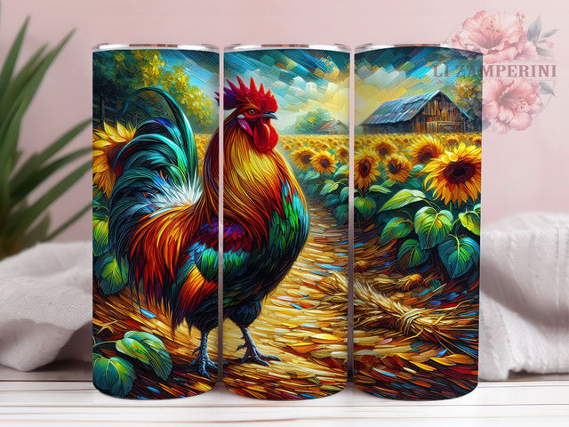 Sunflower Rooster Farm Tumbler, Sunflower Design, Farm Theme, Rustic Style, Vibrant Pattern, 20Oz Tumbler, Sublimation Wrap Sublimation Li Zamperini 