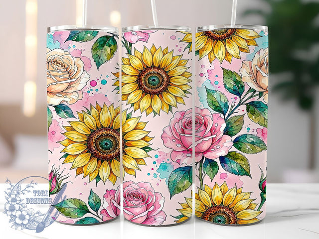 Sunflower Rose Floral 20oz Tumbler, Sunflower Design, Rose Floral, Rustic Charm, Romantic Aesthetic, Whimsical Style, 20oz Wrap, Sublimation Tumbler Sublimation ToriDesigns 