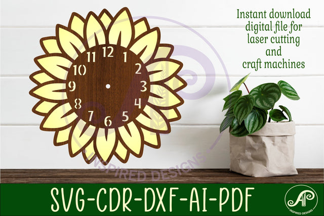 Sunflower shape clock wall clock laser cut SVG APInspireddesigns 