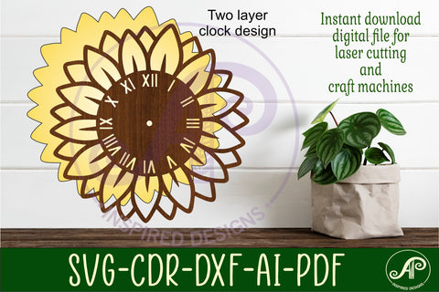 Sunflower shape clock wall clock laser cut SVG APInspireddesigns 