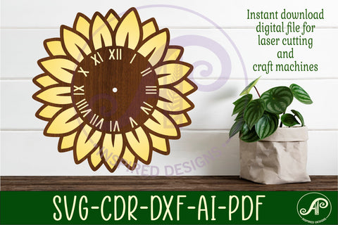 Sunflower shape clock wall clock laser cut SVG APInspireddesigns 