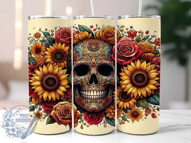 Sunflower Skull 20oz Skinny Tumbler, Skull Tumbler Png, Straight & Tapered Tumbler Wrap, Instant Digital Download Sublimation ToriDesigns 