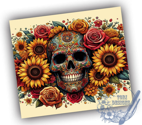 Sunflower Skull 20oz Skinny Tumbler, Skull Tumbler Png, Straight & Tapered Tumbler Wrap, Instant Digital Download Sublimation ToriDesigns 