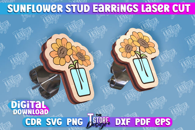 Sunflower Stud Earrings Laser Cut | Accessories Laser Cut Design | CNC Files SVG The T Store Design 