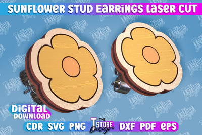 Sunflower Stud Earrings Laser Cut | Accessories Laser Cut Design | CNC Files SVG The T Store Design 