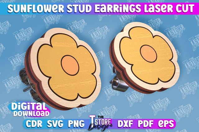 Sunflower Stud Earrings Laser Cut | Accessories Laser Cut Design | CNC Files SVG The T Store Design 