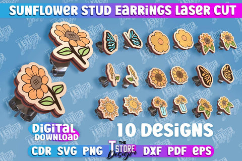 Sunflower Stud Earrings Laser Cut Bundle | Accessories Laser Cut Design | CNC Files SVG The T Store Design 