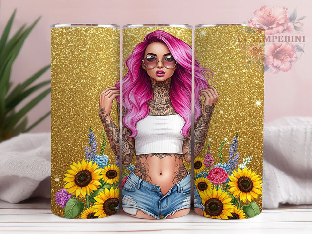 Sunflower Tattoo Boho Tumbler Wrap, Inked Girl Mug, Floral Tattoo Cup, Boho Sunflower Wrap, Artistic Ink Design, Edgy Feminine Gift, Sublimation Tumbler Wrap Sublimation Li Zamperini 